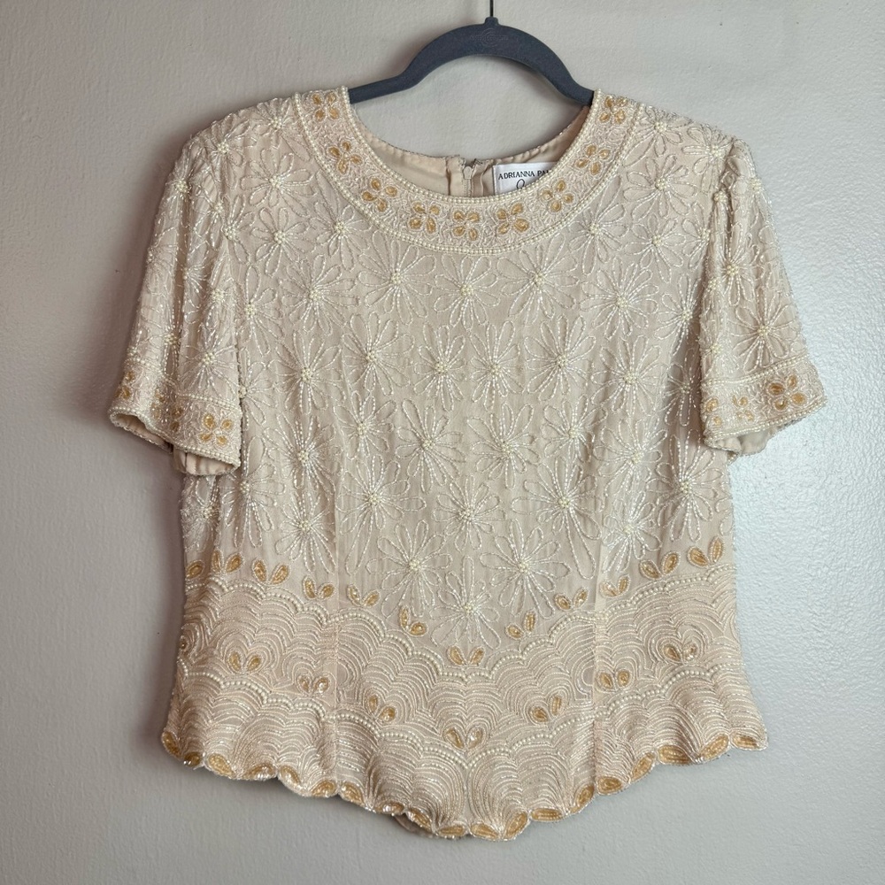 Adrianna Papell Vintage Hand Beaded 3D Floral Illusion Silk Blouse Sz 12